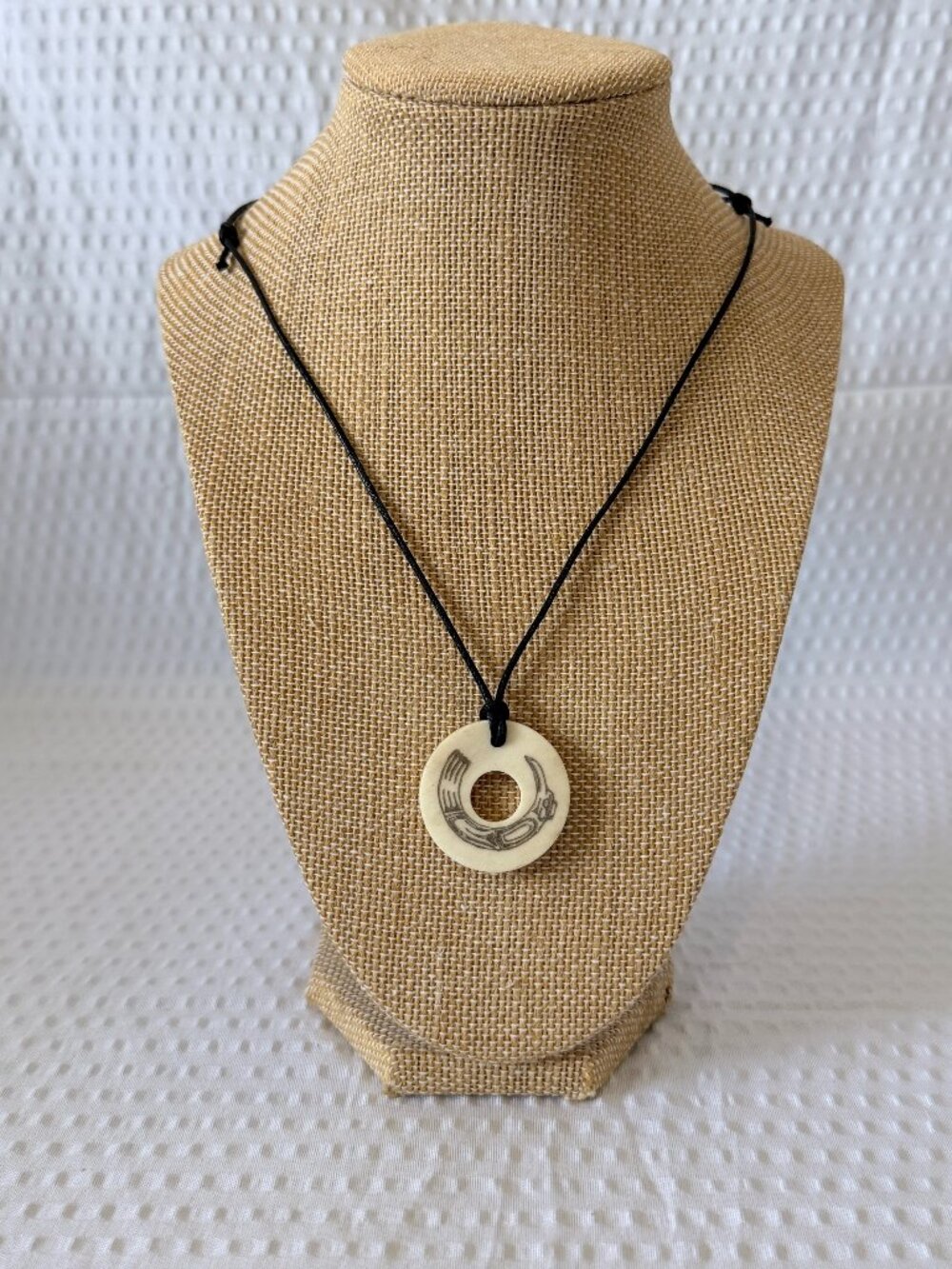 Scrimshaw ivory colour Circular Pendant Necklace on Black Cord